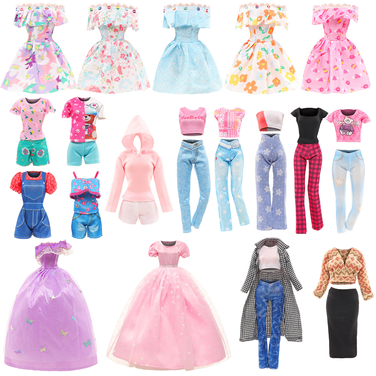 Barwa 18 Pcs Fashion For Barbie Doll Clothes and Accessories=Fixed 2 Sets  of Autumn Clothing Sets+2 Large Dress+3 Pieces of Floral Dress+2 Sets of  Tops and Pants+2 Sets of Tops and Shorts