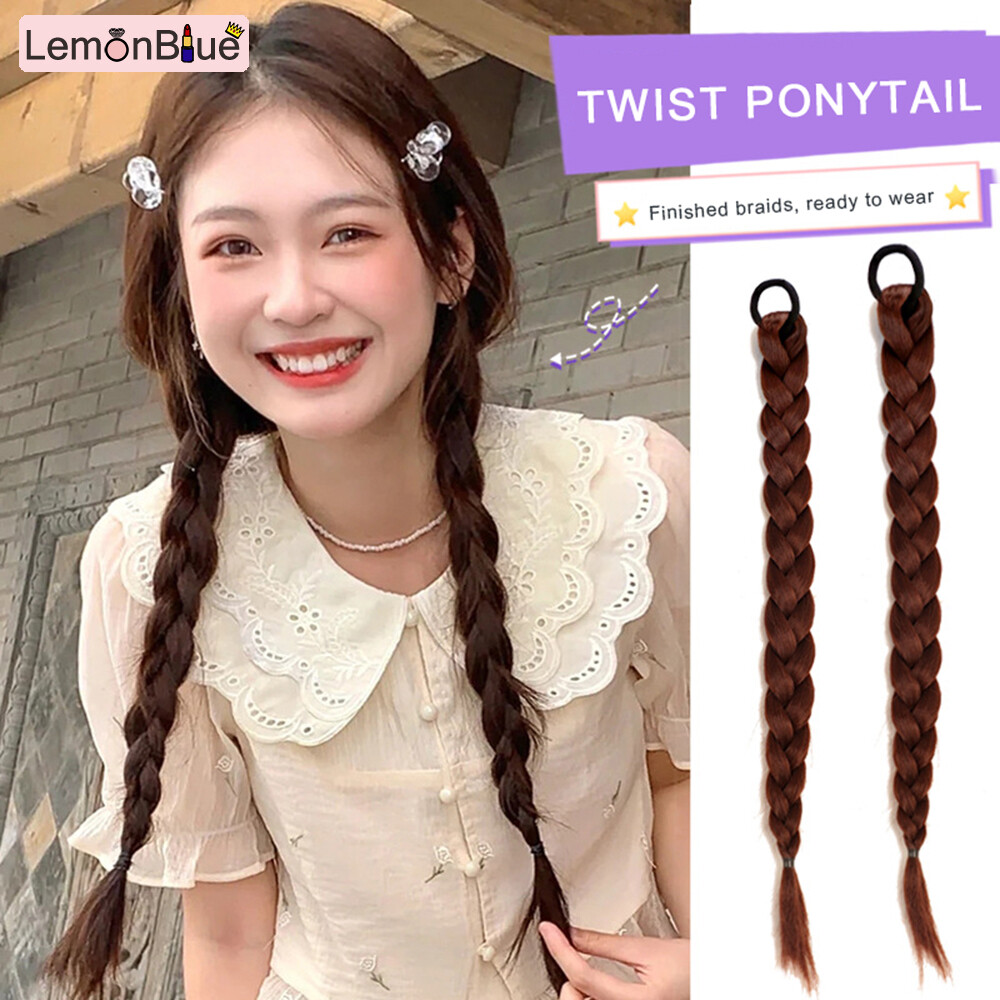 Gambar LemonBlue Double Twist Braiding Wig Synthetic Chignon Tail With Rubber Band Hair Ring Headband Braided Wigs For Black Women Boxing Braid Wig Women Fake Hair Boxing Braid Black Braided Wig Braided Wigs For Women