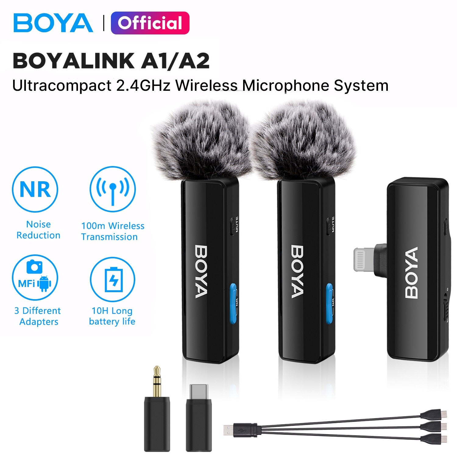 BOYA BOYALINK A1/A2 Wireless Microphone Original Mini Mic with USB-C Lightning 3.5mm Adapter Professional Lapel Microphone for Vlogging Recording Camera Android iPhone Laptop