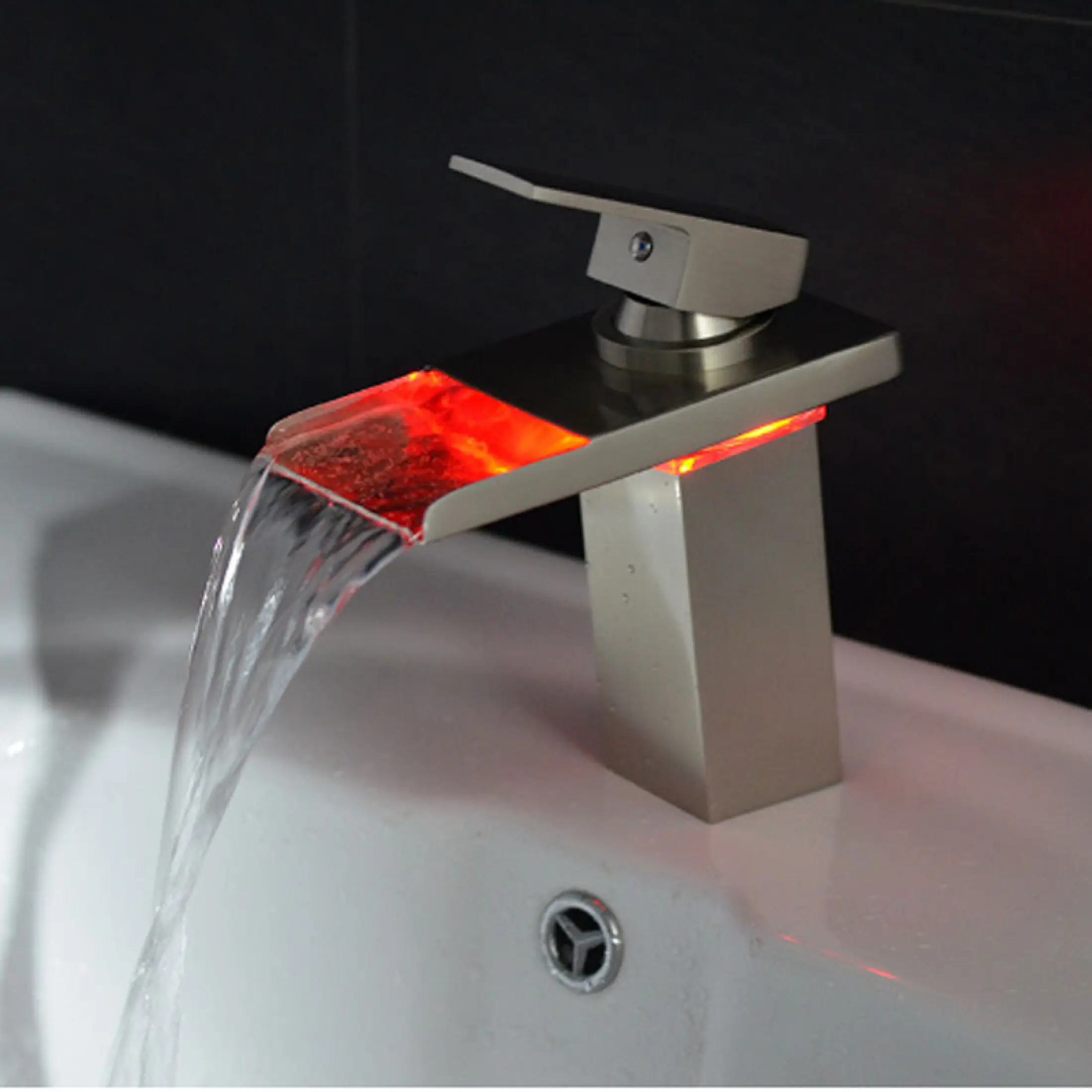 XHJTD Bathroom Basin Led Faucet Waterfall Copper Hot and Cold Water Single Hole Square Sink Outlet Washbasin Faucet 