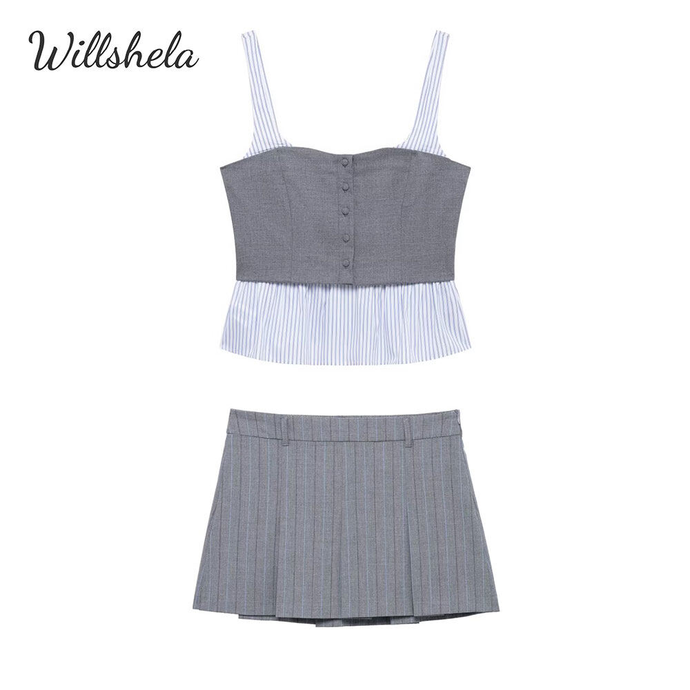 Willshela Women Fashion 2 Pieces Sets Patchwork Tops Tank and High Waist Pleated Mini Skirt Female Chic Lady Skirts Coordinates ราคา 1,059 บาท*ส่งฟรี