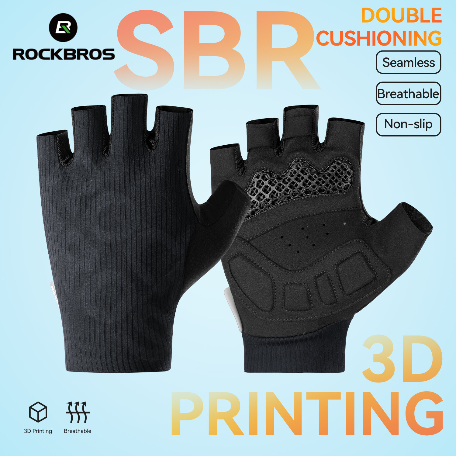 ROCKBROS găng tay đi xe đạp 3D in ấn miếng đệm công thái học hấp thụ sốc chuyên nghiệp cạnh tranh Găng tay xe đạp xe đạp đường trường MTB nửa ngón tay găng tay