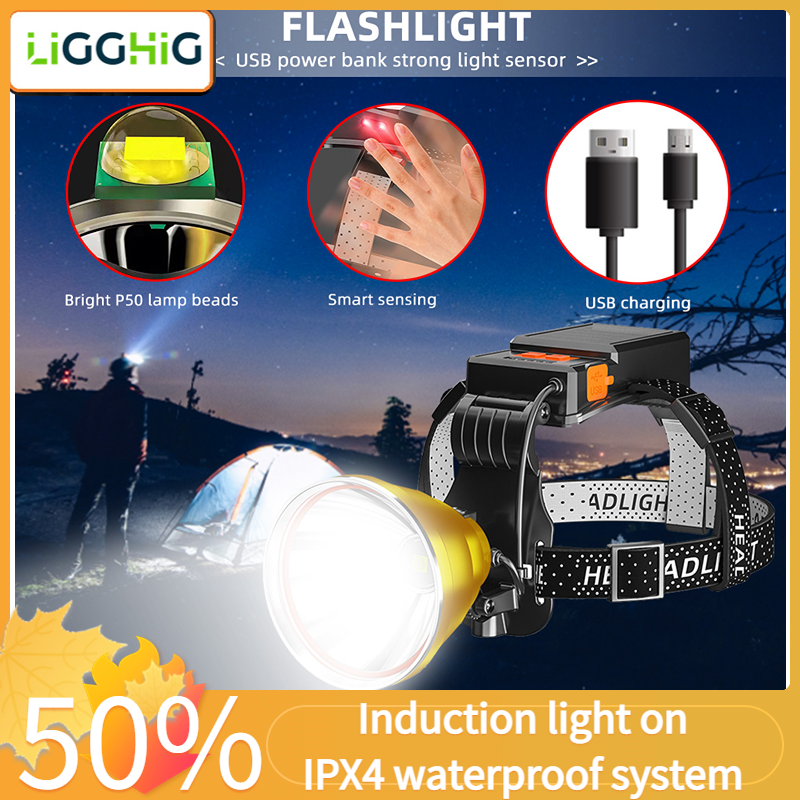 Đèn pha đèn pha ngoài trời LED mạnh nhất ligghig 500000lm 1000m siêu xhp90 sạc USB Đèn Pin Đội Đầu kho báu Đèn pha Câu cá chống nước IPX4 cho cắm trại chạy bộ câu cá đạp xe đèn pin siêu sáng 10000 lumens