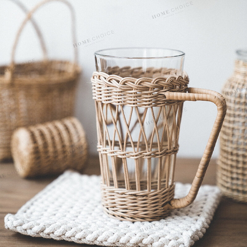 Gambar 900ML Ins Wind Pure Handmade Rattan Korean Retro Creative Cup Woven Kettle Handle To Send Glass Water Cup