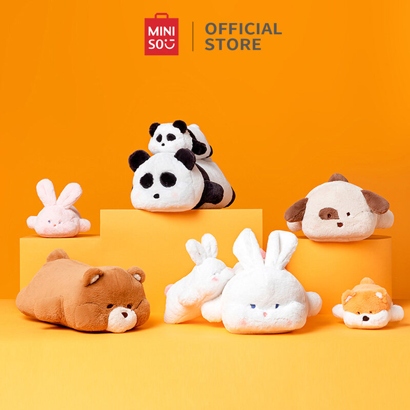 MINISO Soft Cute Lying Plush Toy Small Panda Doll Shiba Inu Rabbit Brown