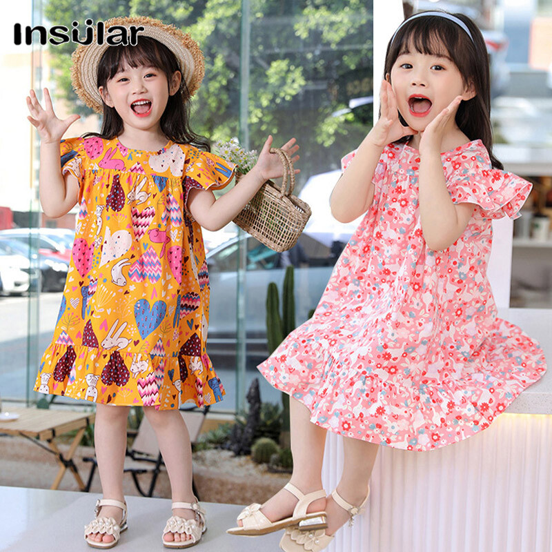 Insular Children's dresses sweet small and medium children girls' clothing cartoon printed cotton A-line dress dress 100% cotton ราคา 79 บาท*ส่งฟรี