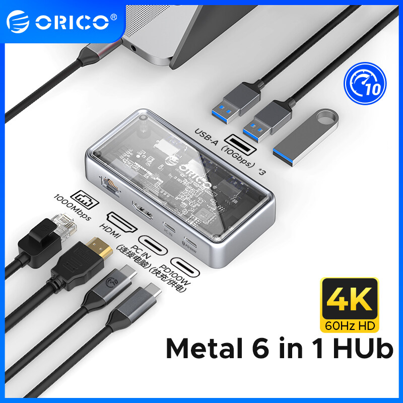 ORICO Transparent TYPE C 6-in-1 Docking Station USB C Hub With 4K HDMI 100W PD USB 3.0 RJ45 1000M SD/TF For Laptop