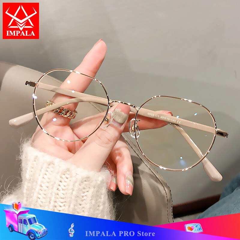 IMPALA JS6002W Fashion Myopia Glasses for Women Korean Style Metal Frame Nearsight Eyeglasses Rose Gold Filter Spectacle Lenses Women's Glasses Men's Glasses