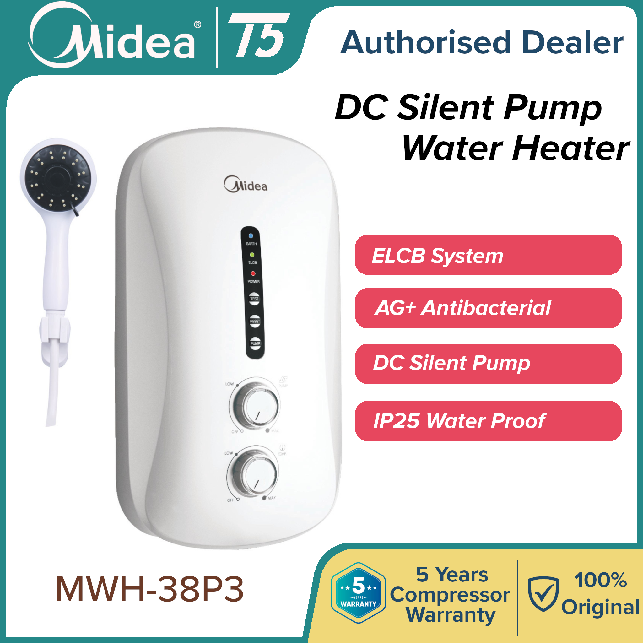 Midea Water Heater MWH-38P3-RS (DC Pump u0026 Rain Shower) Mandi Shower Pemanas  Air 热水器 | Lazada