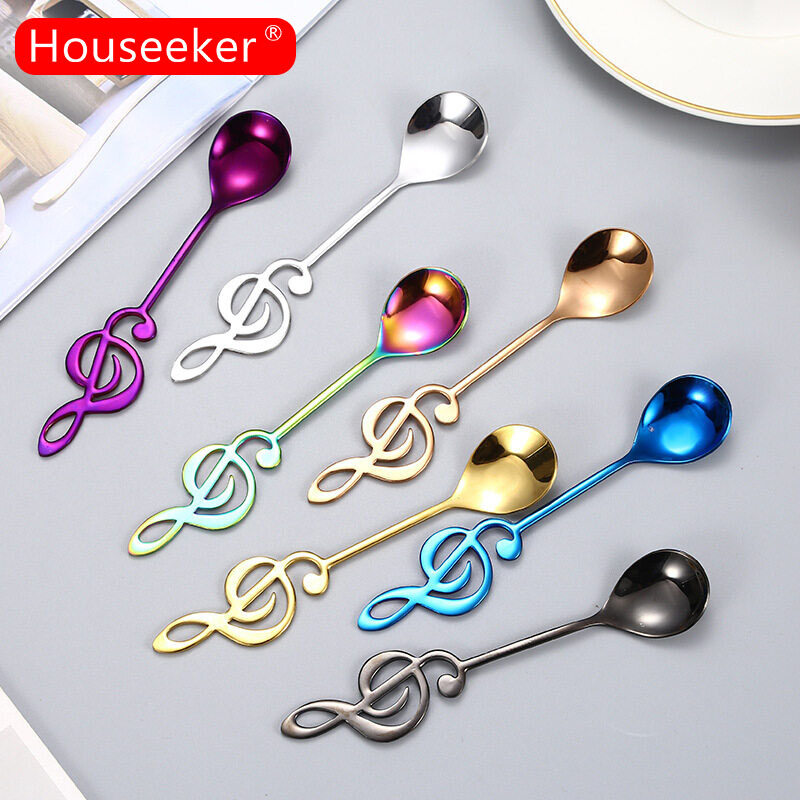 Muỗng cà phê bằng thép không gỉ houseeker, muỗng kem muỗng cà phê nhạc dễ thương muỗng khuấy cocktail màu vàng bạc bộ đồ ăn