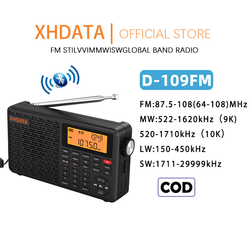XHDATA D-109 - Đài Phát Thanh Di Động AM/FM/SW/LW với Bluetooth, MP3 và Đồng Hồ Báo Thức