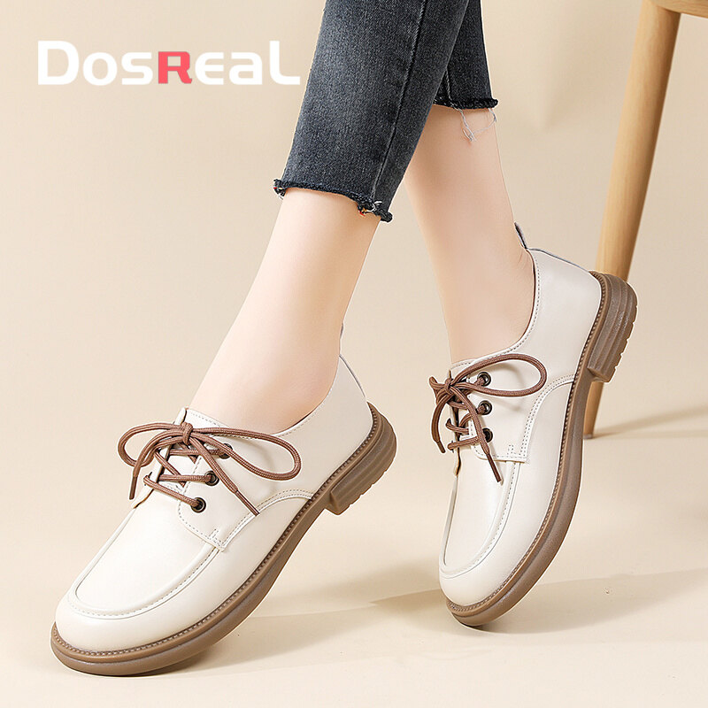 Dosreal giày thể thao oxford đế bằng da buộc dây thời trang hàn quốc giày cho nữ giày đi học màu đen giày thường ngày cao su mềm cho nữ