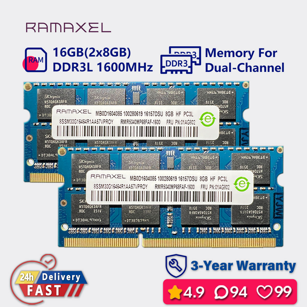 Barrette Mémoire DDR3L SODIMM 8GB 16GB 32GB 1600MHz 1.35V Pour PC Portable - Neuf - Garantie à Vie