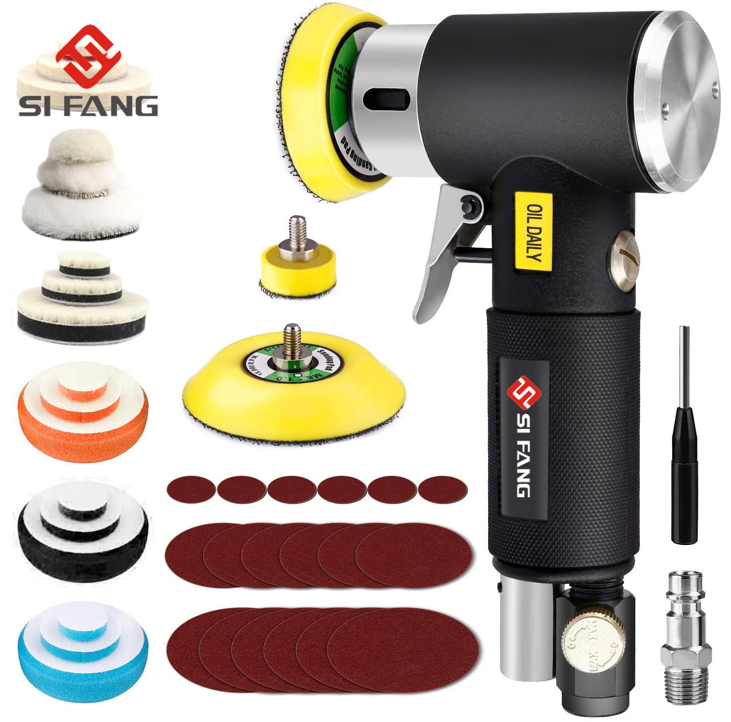 Si fang 42 cái máy đánh bóng quỹ đạo khí mini 1 2 3 inch máy đánh bóng khí nén tác động kép kèm miếng đánh bóng bộ dụng cụ đánh bóng bọt biển để làm việc cơ thể tự động