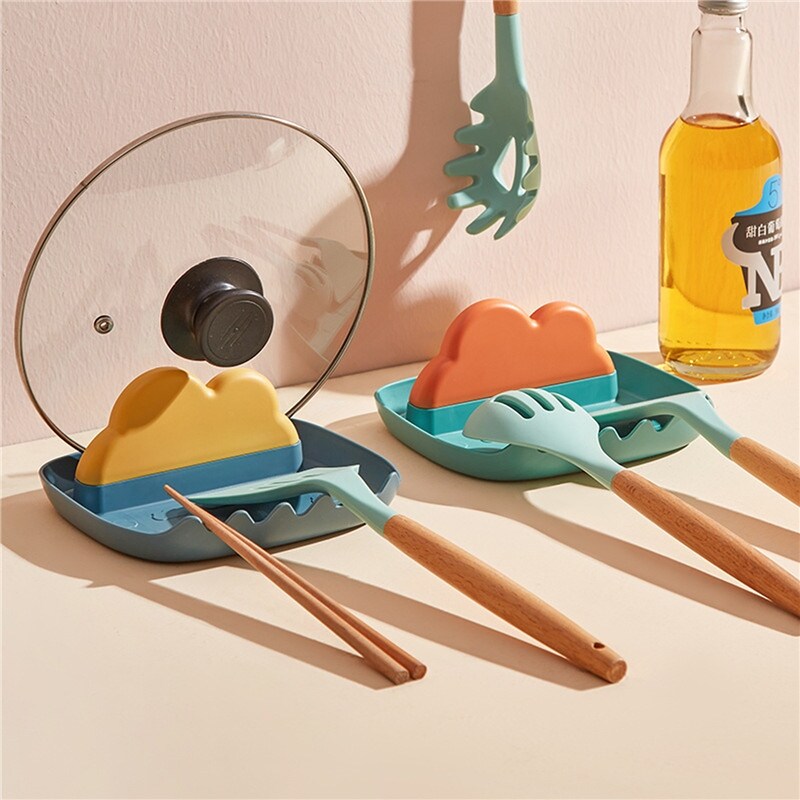 Gambar New Kitchen Pot Cover Rack Spoon Spatula Rack Environmental Protection PP Material Multi function Pot Cover Rack Oil proof Rack