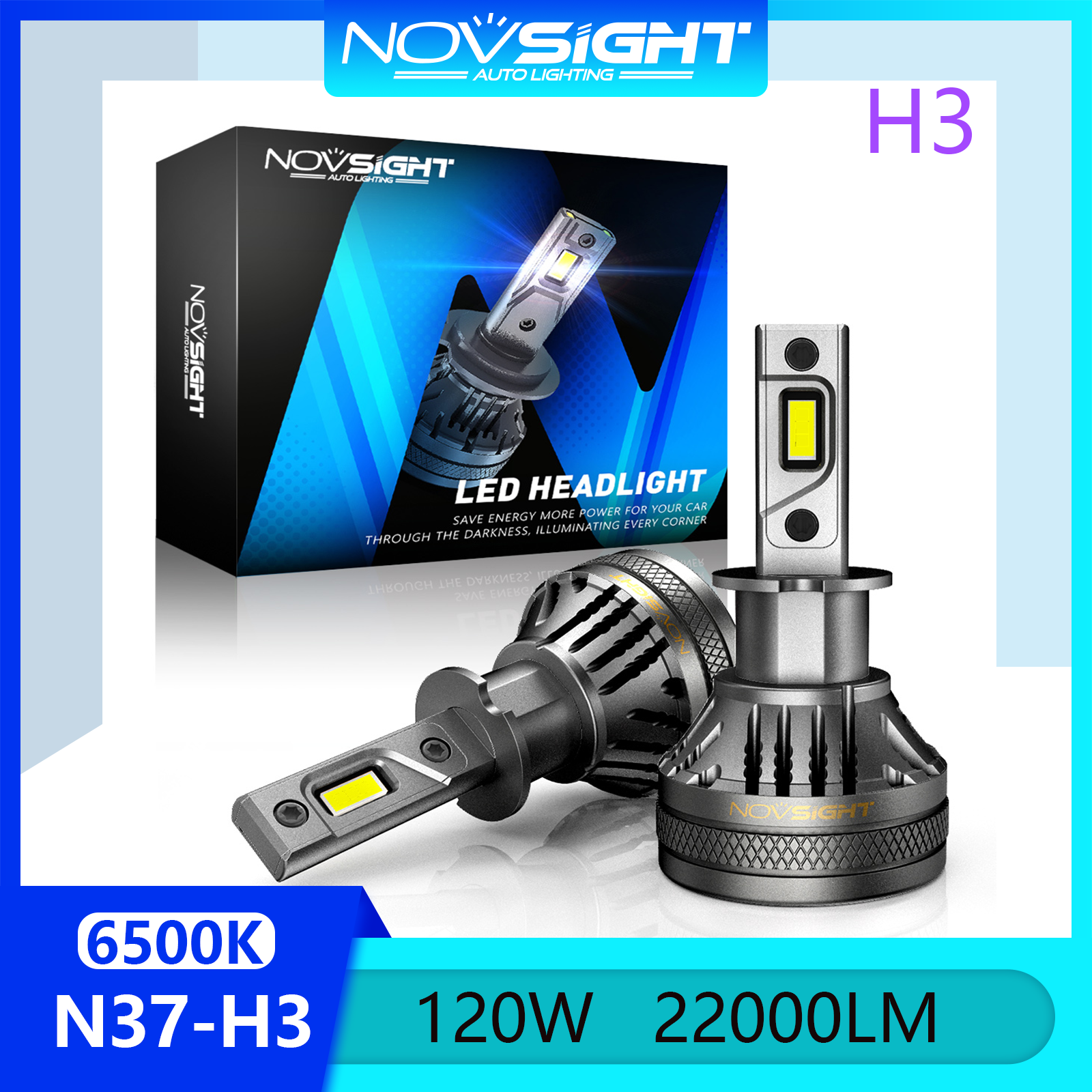 Novsight N37 6500K Đèn LED siêu sáng cho xe ô tô H3 Đèn pha LED Bộ đèn pha Đèn sương mù Ánh sáng cao / Chùm tia nhúng 120W 22000LM Cắm và chạy tại chỗ 1 cặp 2 miếng Bảo hành 2 năm Miễn phí vận chuyển