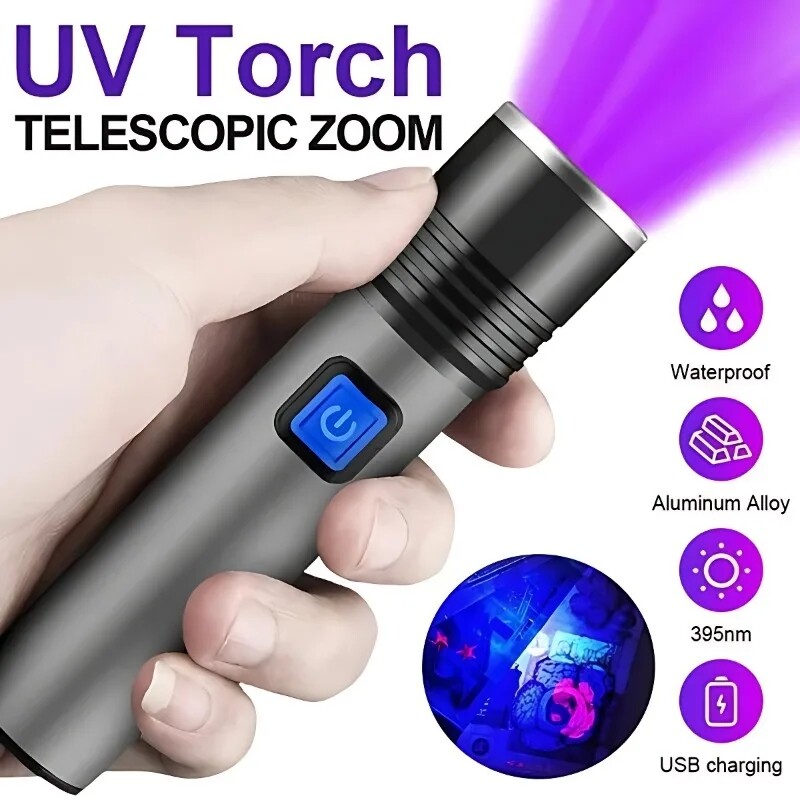 Polocaat Sạc Bóng đèn LED UV đèn Pin đèn pin tia cực tím Zoomable Mini 395nm/365nm Ánh Sáng Đen UV nước tiểu thú cưng vết bẩn Detector