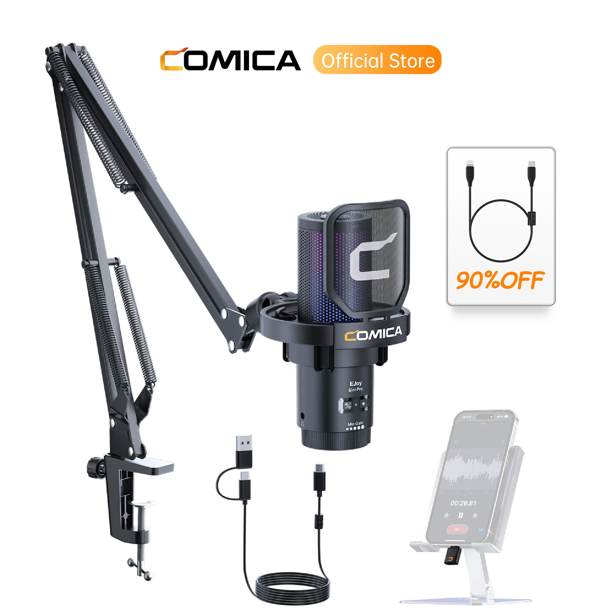 COMICA Ejoy Uni Pro USB không dây Microphone với bộ thu USB-C RGB condenser một phím giảm tiếng ồn Microphone cho streaming/podcasting/ghi âm giọng hát, TAP-to-chơi game yên tĩnh mic cho ps5/PC/máy tính/điện thoại