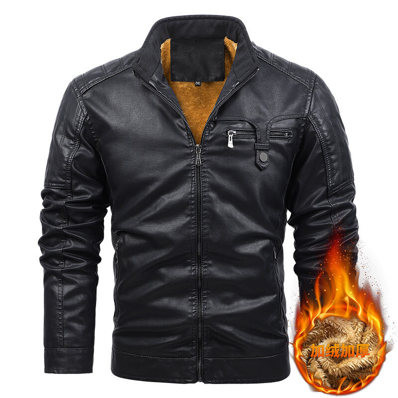 QBELY 2024 Winter Mens Leather Biker Jacket Men Plus Velvet Warm Thickened