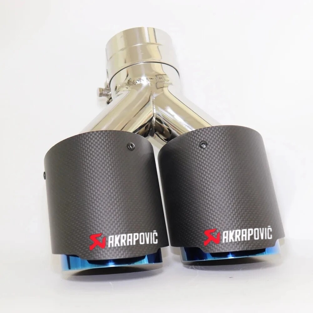 Dual Carbon Fiber Stainless Steel Burnt Blue Universal Auto Akrapovic Exhaust Tip Double End Pipe