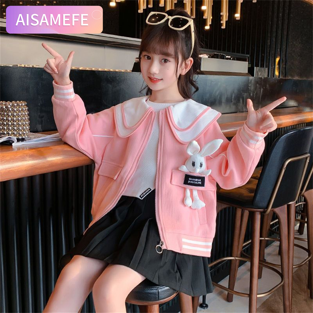 AISAMEFE Girls Spring And Autumn Coat Korean Cute Cartoon Rabbit Doll Collar Girls Zipper Cardigan Sweatshirt Children ราคา 483 บาท*ส่งฟรี