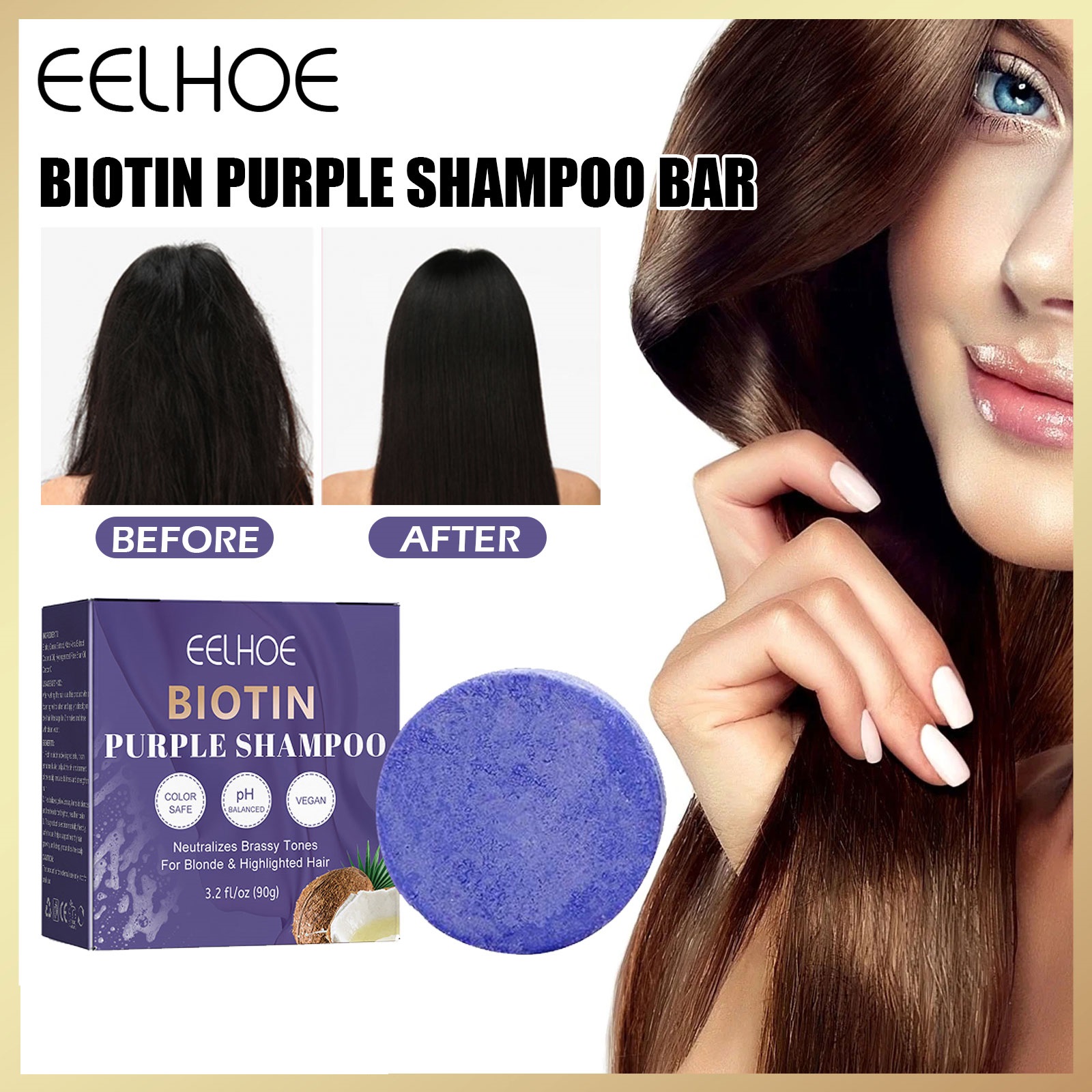 Eelhoe Biotin xà phòng gội đầu tím để sửa chữa tóc hư tổn, giận dữ, làm sạch da đầu, làm mịn và nuôi dưỡng xà phòng gội đầu dầu Gội Mọc tóc dưỡng ẩm dày