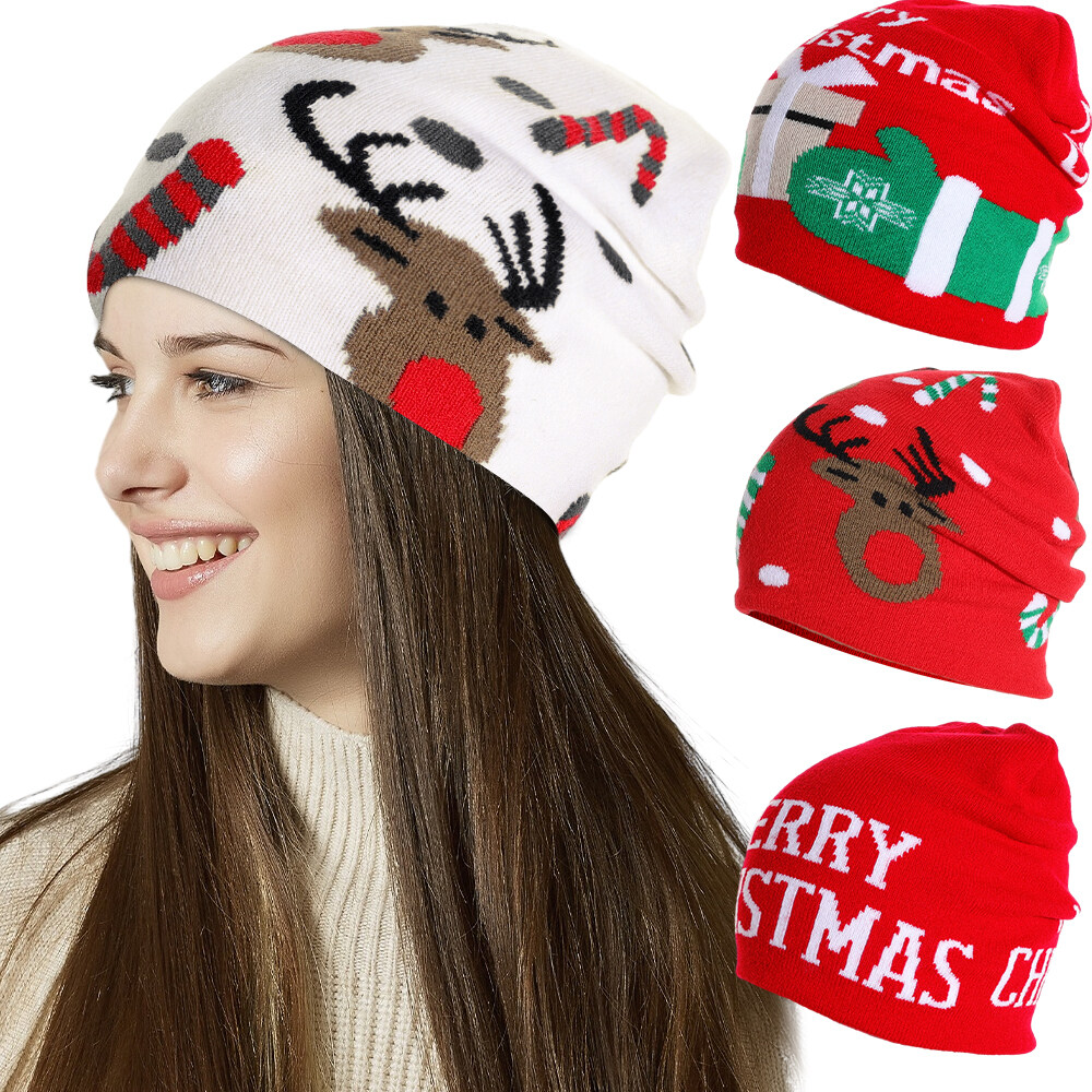 Giáng Sinh mới Đỏ Beanie Dệt Kim Nam nữ ấm áp mềm mại Áo phông giáng sinh Mũ Sừng Hươu len Mũ lạnh Quà Tặng Lễ hội năm mới