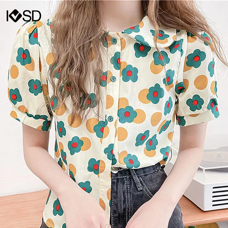 Ivsd áo cánh hoa thời trang áo sơ mi tay phồng cổ polo vải voan cổ điển