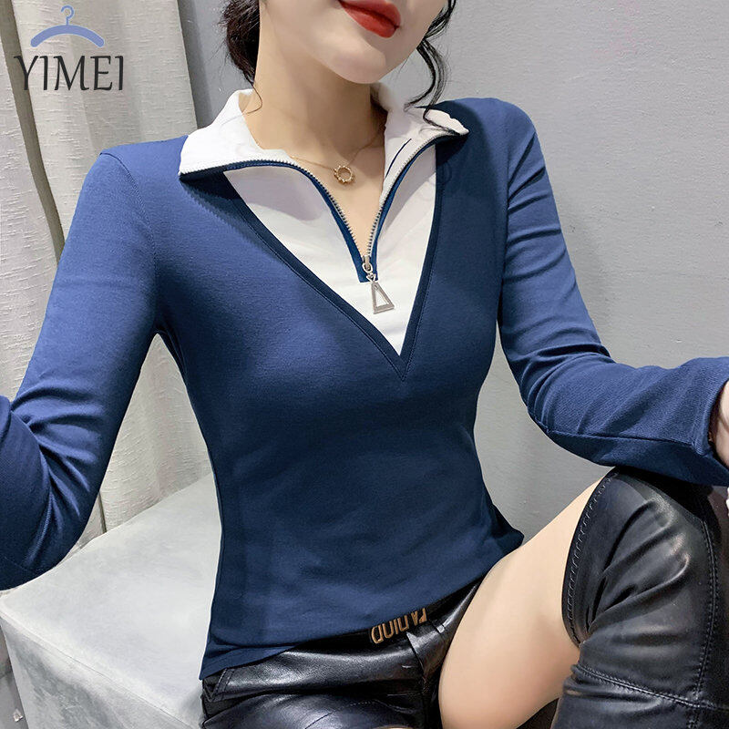 Yimei áo khoác cổ đứng thời trang hàn quốc mới thu đông 2022 áo thun có khóa kéo thời trang áo dài tay thường nhật thon gọn hàn quốc cho nữ