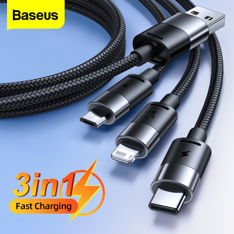 Baseus Cáp USB 3 Trong 1 Cáp Micro USB Type C 3,5A Cáp Sạc Nhanh 1.25 Mét Cho iPhone 14 13 12 Pro 11 Macbook Pro Samsung Xiaomi