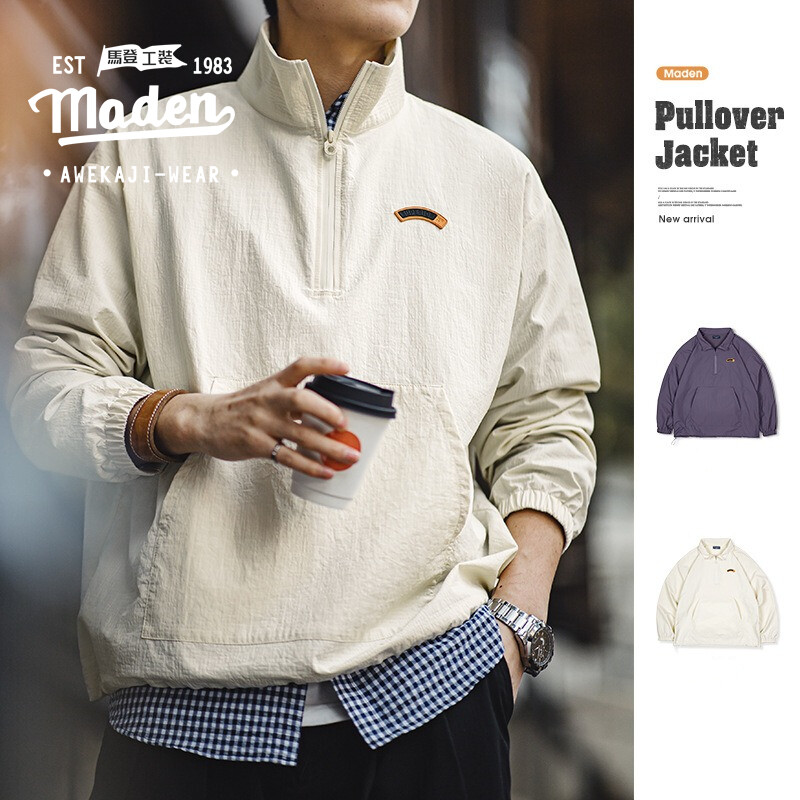  Maden Thương Hiệu Quần Áo Lao Động Phong Cách Nam Thanh Niên 2024 Mùa Xuân bán chạy mới phong cách Đại Học Thời Trang Mỹ Retro Nửa Zip Đứng lên Cổ Áo áo khoác Jacket Áo Hoodie Cityboy Thể Thao Người Đàn Ông Của Áo Thun Dài Tay Áo 