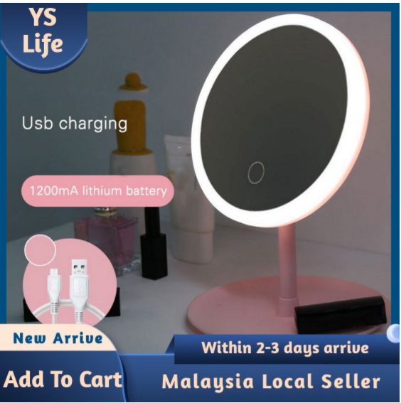 Gambar ?? Ready Stock??LED Makeup Mirror with Touch Sensor Table Beauty Pink with stand light Face Cosmetic Mirror with Storage