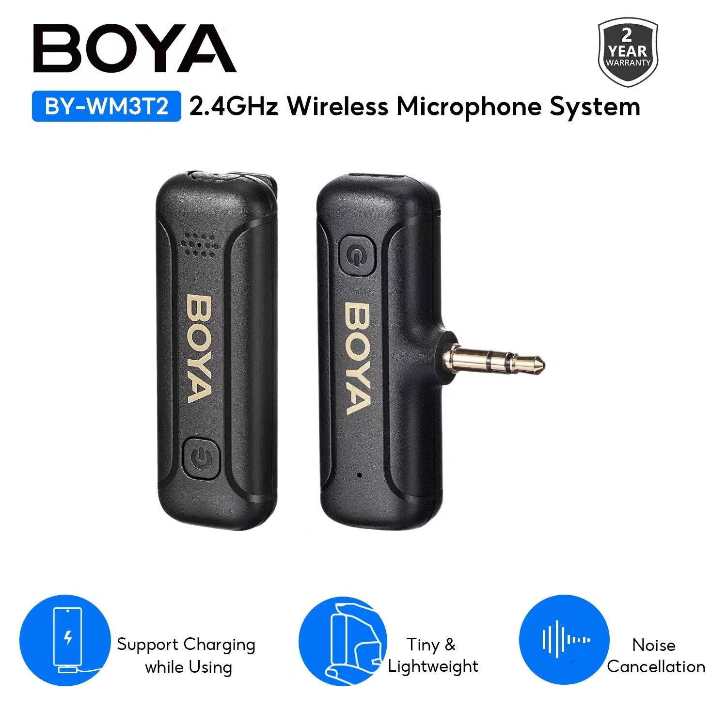 Boya BY-WM3T2-M1/m2 Mini trọng lượng nhẹ 2.4GHz Micro dây chuyền không dây, lựa chọn khử tiếng ồn, 50m phạm vi truyền tín hiệu với 3.5mm giắc TRS cho máy ảnh, plug & play cho livestreaming, vlogging, phỏng vấn