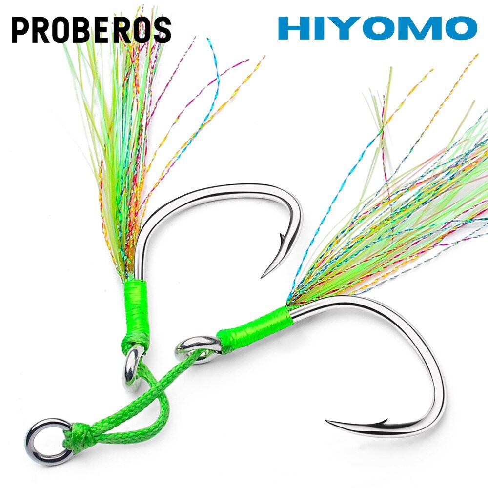 PROBEROS 2pairs Metal Jig Assist Hook with Thread Feather 1/0#-5/0# Micro Jigs Carbon Steel Fishing Double Hook Barbed Slow/fast Jigging Hooks Salt Water Fishing Tackle SZ094
