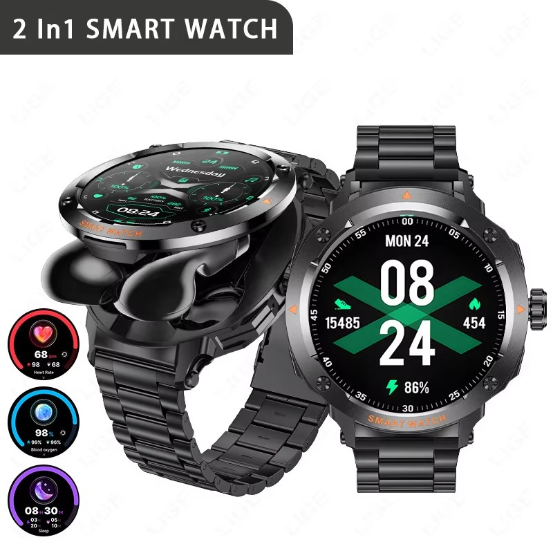 LIGE NewSmart Men Watch TWS 2-in-1 Earphones NFC Heart Rate Blood Oxygen Fitness Tracker Sport Watch Bluetooth Call Smartwatch Men For Android IOS ราคา 1,419 บาท*ส่งฟรี