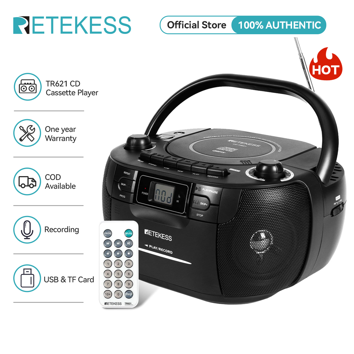 Retekess Tr621 CD và Máy nghe Băng cát xét Combo, Boombox di động AM FM Đài phát thanh, băng ghi âm, âm thanh nổi với điều khiển từ xa, USB, Micro SD, Quà tặng cho gia đình (màu đen)