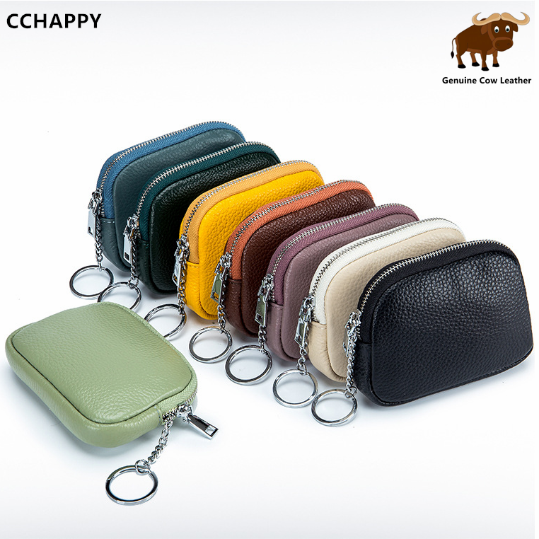 Cchappy da bò siêu mỏng Ví đựng xu dây kéo nhỏ Túi Bọc Chìa Khóa Da Thật Bao đựng tai nghe nữ túi tiền xu túi nhỏ
