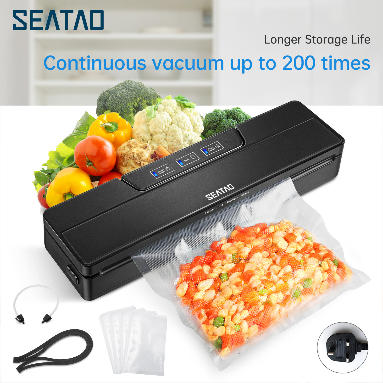 Gambar SEATAO VH1000 precision high quality commercial vacuum sealing machine sealing machine, 70kpa one key automatic air sealing system, LED indicator, compact design, continuous vacuuming up to 200 times. Free 10 vacuum bags and external cutting knife.