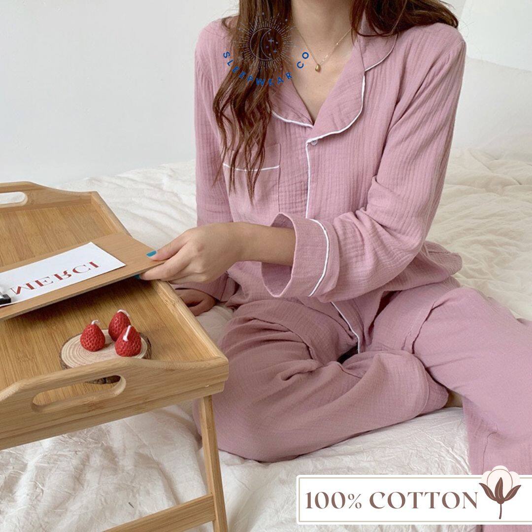 Sleepwear Co 100% Cotton Pyjamas Woman Pajamas Women Set Long Sleeve Couple Baju Tidur Wanita Cotton Piyama Tidur Wanita Lengan Panjang 睡衣裤套装女