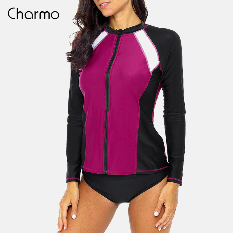 Charmo Fashion Cozy Women's Long Sleeve Zipper Rashguard Sports Shirt Swimsuit Patchwork Swimwear Surfing Top Hiking Shirt Rash Guard UPF50+