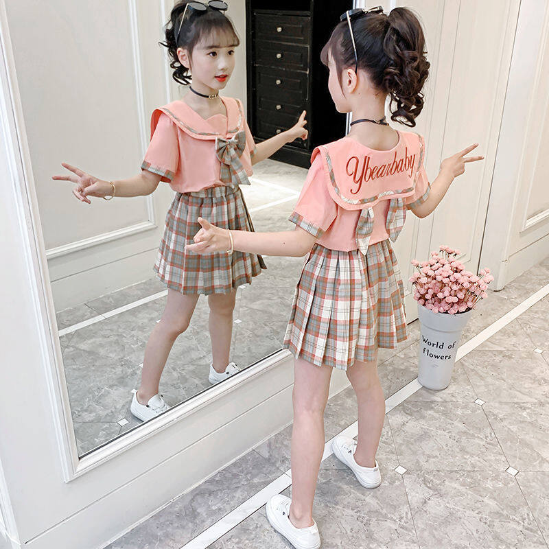 Váy Kẻ Sọc Xếp Li Phong Cách Hàn Quốc Và Áo Sơ Mi Thắt Nơ Đáng Yêu Cho Bé Gái Bộ 2 Món Quần Áo, 2-15yrs