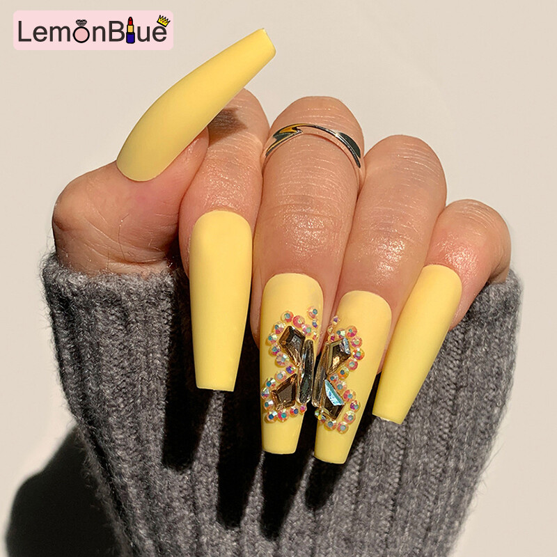 Gambar LemonBlue Full Diamonds Fake Nails Long Flat Head Sweet Style Press on Nails Wearable Finished Nail Piece 24PCS