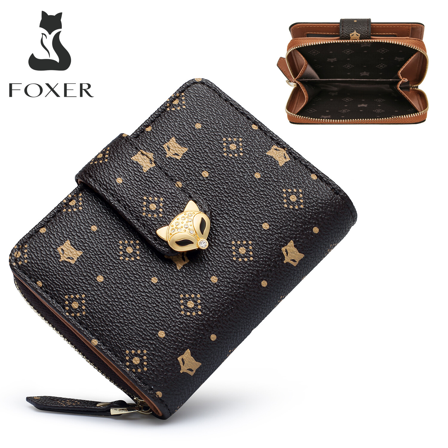 FOXER Phụ Nữ PVC Chữ Ký Ví Nhỏ Ví Dập Nổi Nữ Ví Ngắn Nữ Túi Đựng Tiền Chic Chủ Thẻ Thời Trang Túi Đựng Tiền