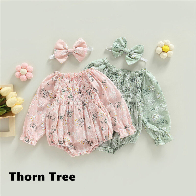 Thorn Tree 2Pcs Newborn Girl Romper Set Long Sleeve Romper + Bowknot