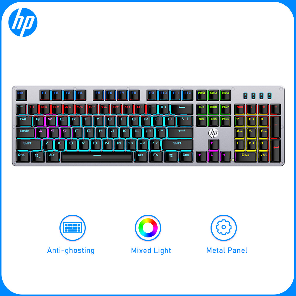 Bàn phím cơ thật HP gk100 Bàn phím chơi game có đèn nền hỗn hợp 104 phím Bàn phím chống xung đột đèn LED có thể điều chỉnh cho cả trò chơi và công việc văn phòng-Công tắc màu xanh