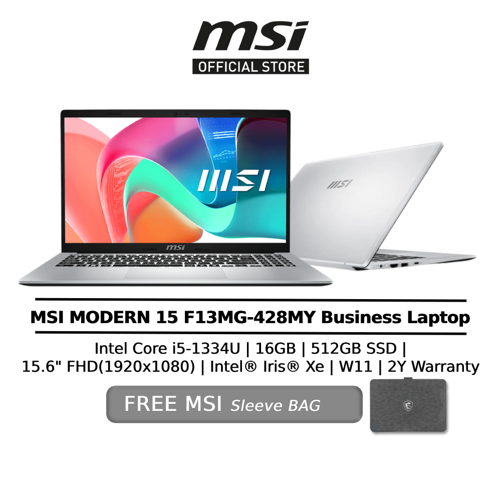 MSI Laptop Modern 15 AI F13MG-224MY (i5-1335U/16GB OR 32GB RAM /512GB SSD/Intel Iris Xe/15.6" IPS FHD /Microsoft Office Home 2021/W11/ SLEEVE BAG /2Y)