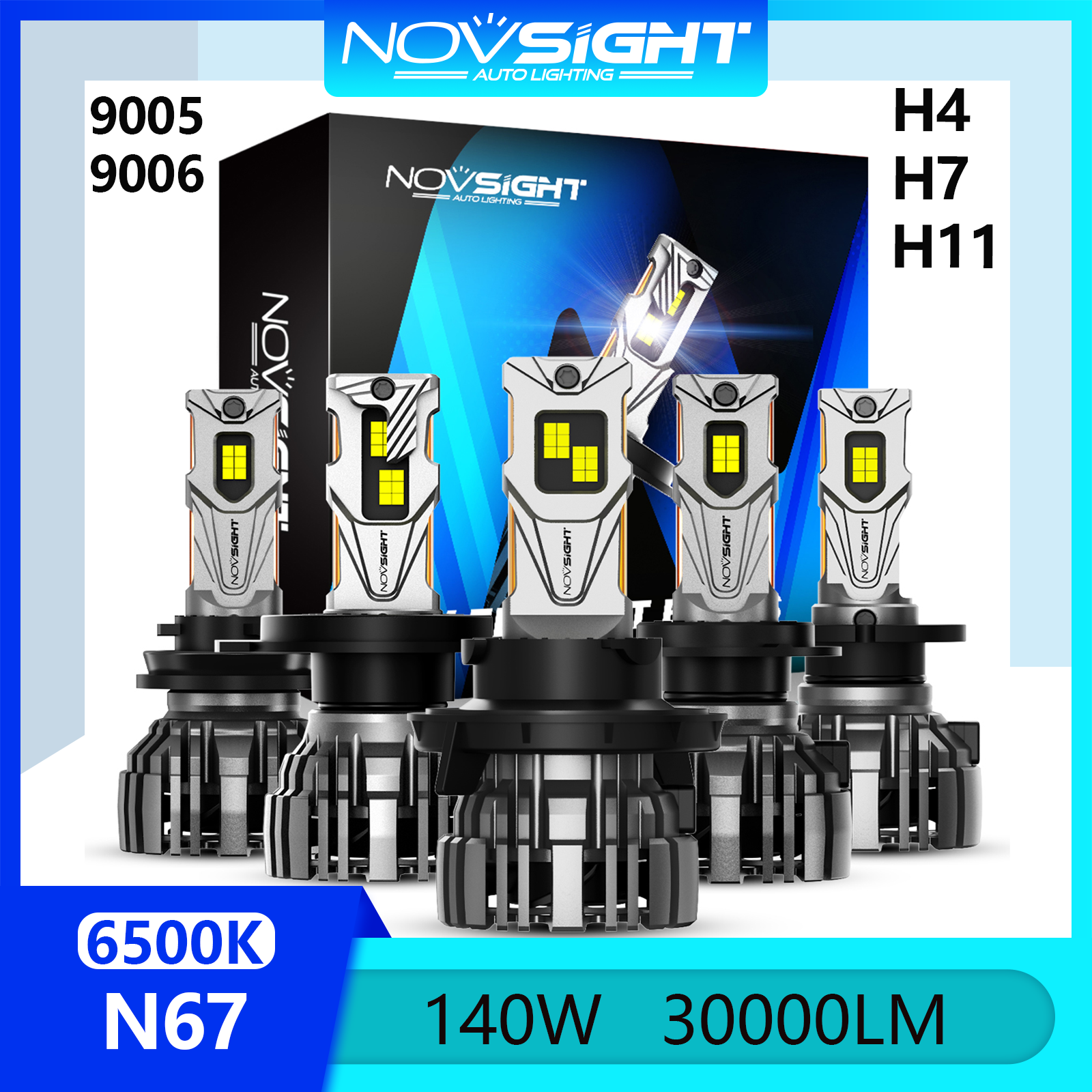 Novsight N67 LED Car Headlight 9005 9006 H4 H7 H11 LED Headlight Bulb High/Low Beam Fog Light 6500K Extremely Bright 140W 30000LM Plug&Play 2 PCS 2 Years Warranty Free Shipping