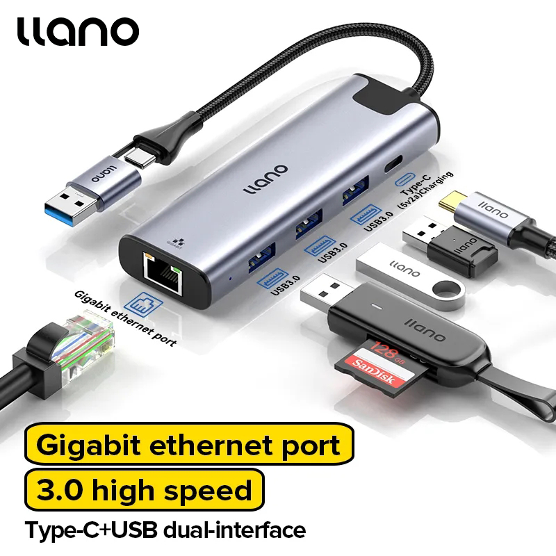 Llano 2 trong 1 usb 3.0 5 cổng trạm nối gigabit ethernet cổng usb/usb c để usb/loại-c/bộ chuyển đổi ethernet