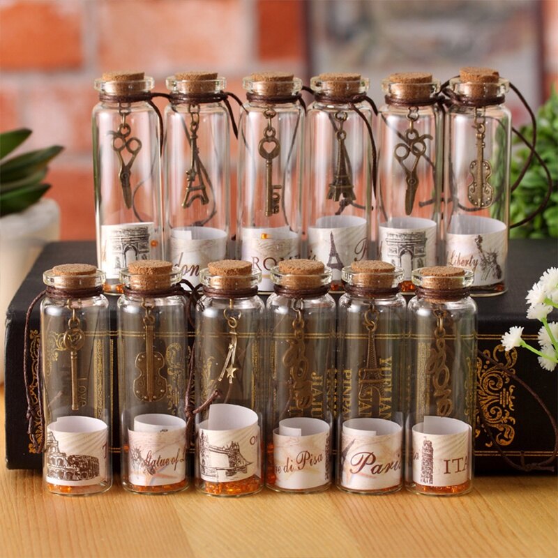 Vintage có nhu cầu chai thủy tinh trang trí quà tặng mini chai rỗng truyền tin với mặt dây chuyền