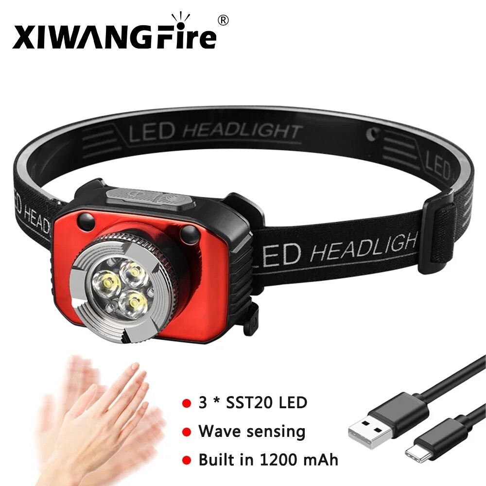 Mạnh mẽ ánh sáng mạnh cảm ứng đèn pha led 2000lm 3led đèn pin có thể sạc qua usb 1200mah pin đèn pha đèn lồng câu cá